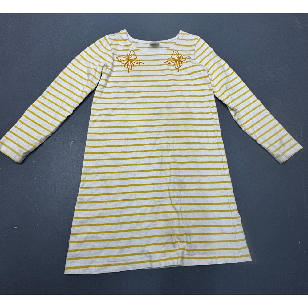Hanna Andersson Girls US 8 White Yellow Striped Long Sleeve Floral Cotton Dress